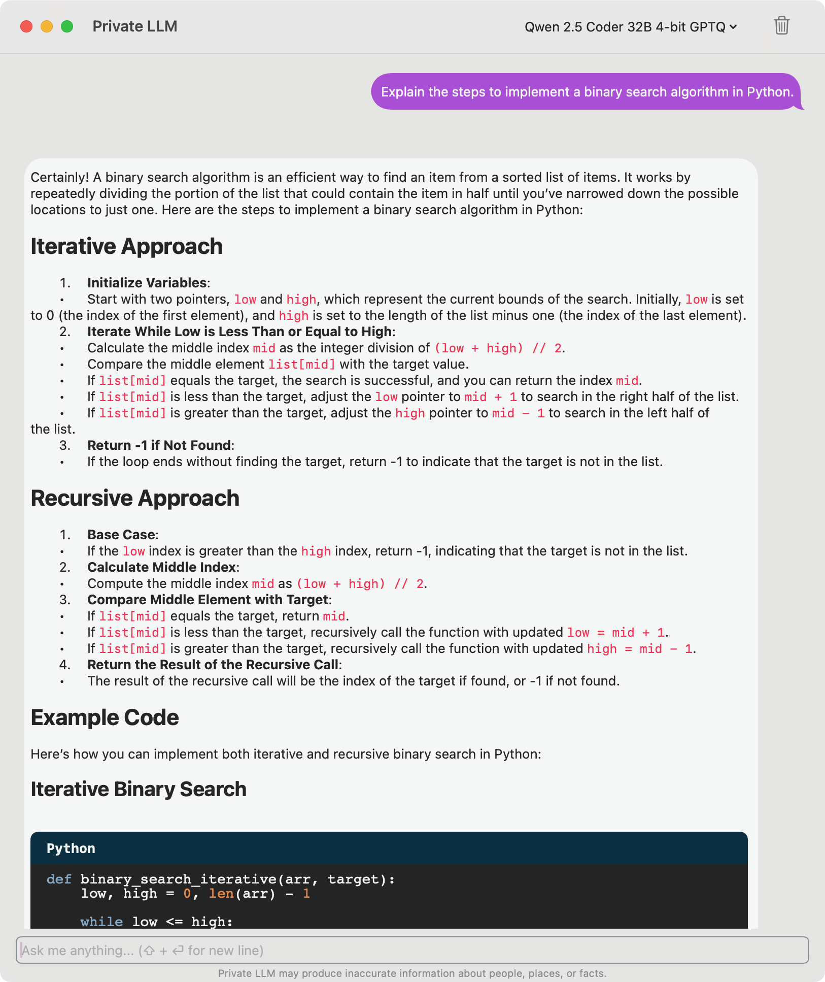 Private LLM running Qwen 2.5 Coder 32B on macOS, explaining the iterative and recursive approaches to implementing a binary search algorithm in Python.