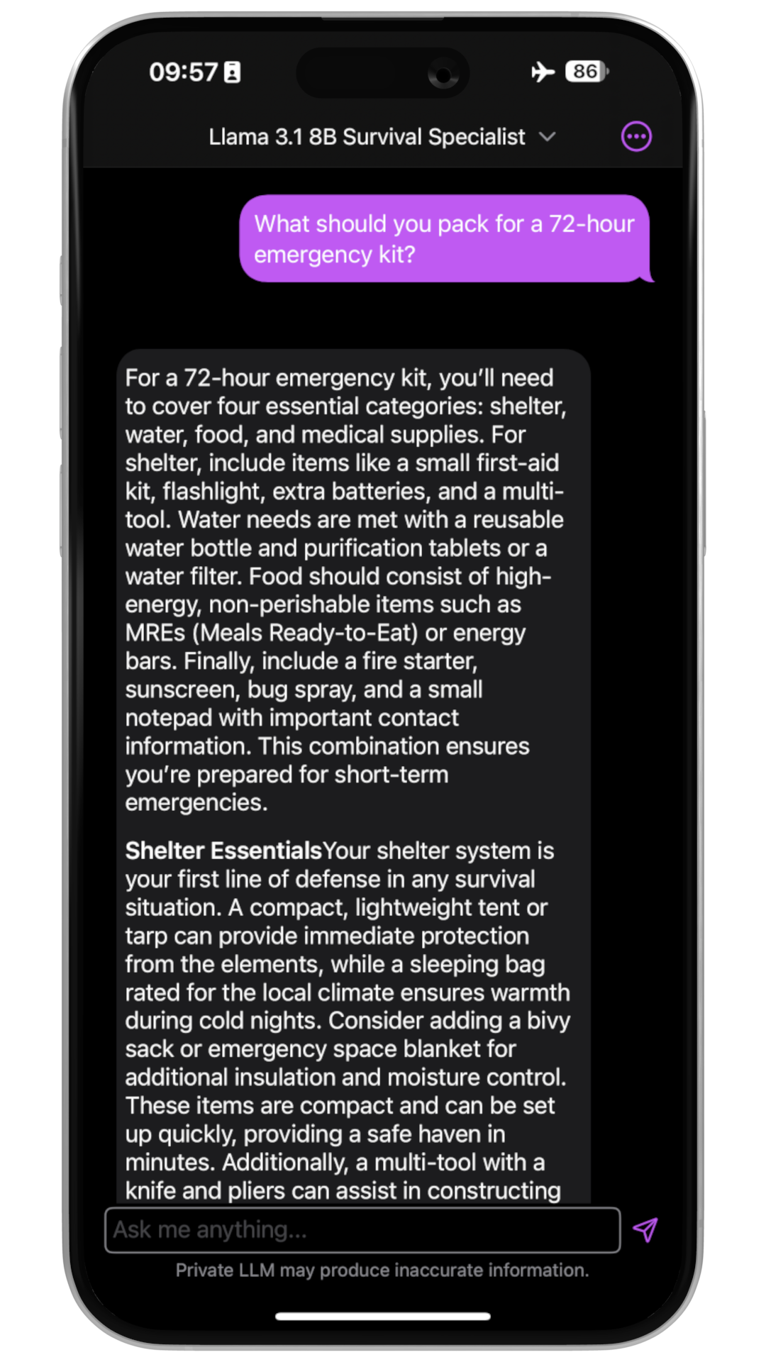 Screenshot of Survival AI answering a 72-hour emergency kit question on iPhone 15 Pro using Meta Llama 3.1 8B SurviveV3 in Private LLM