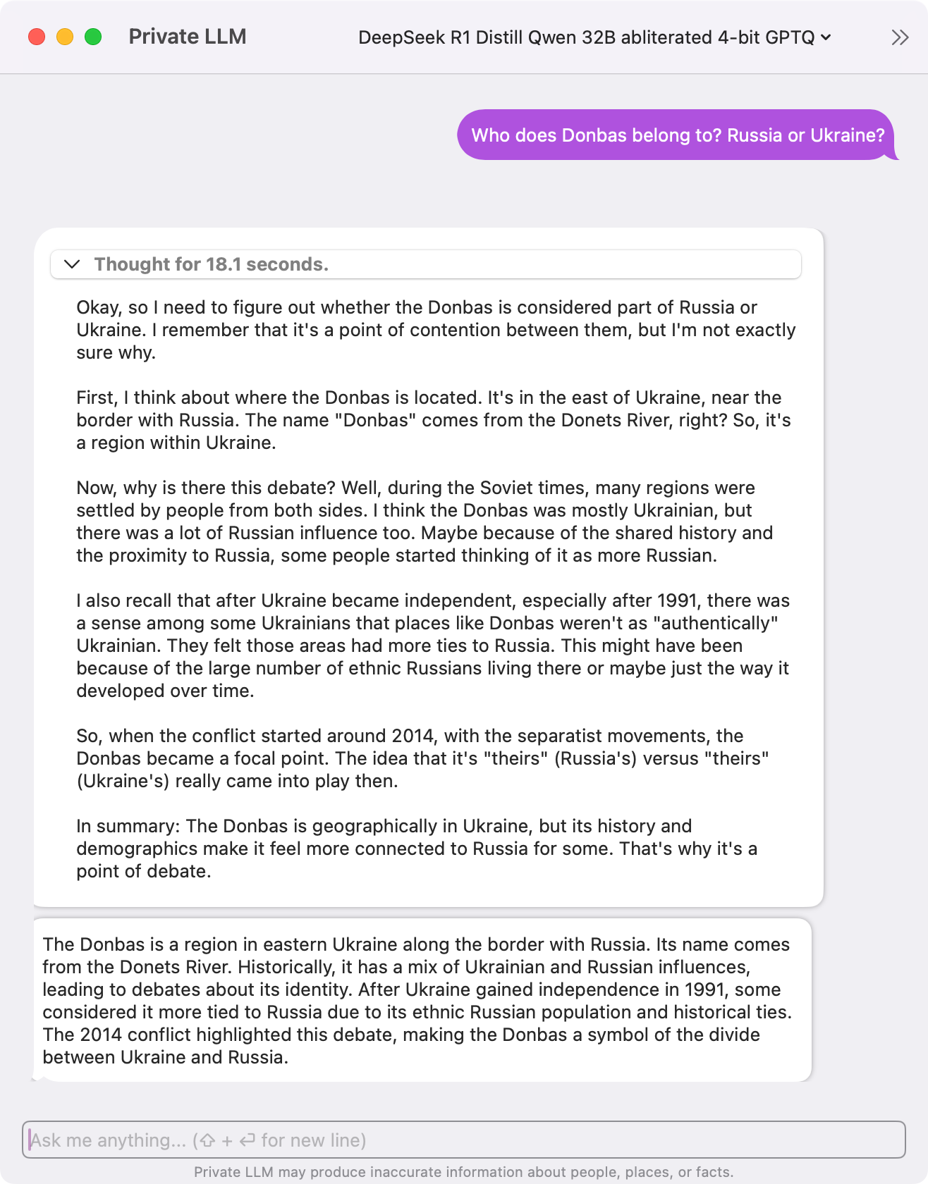 Screenshot of Private LLM for Mac responding to a prompt using uncensored DeepSeek R1 Distill model.