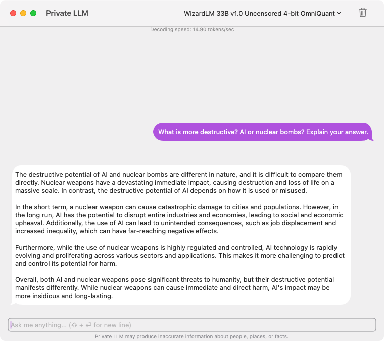 Screenshot of WizardLM 33B v1.0 Uncensored running on Mac